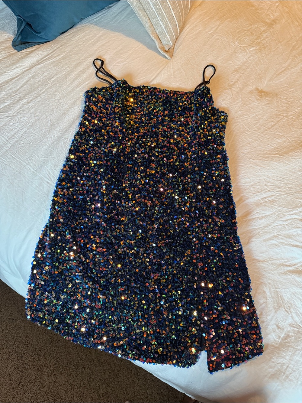 Selfie Leslie Navy Multicolor Sequin Spaghetti Strap Dress